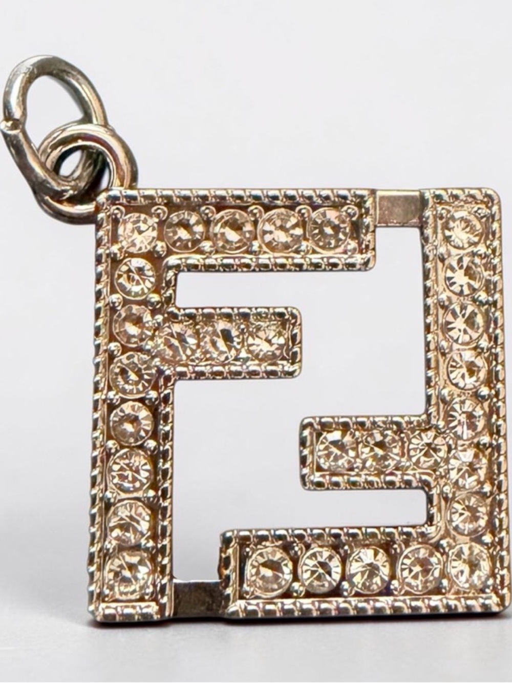 FENDI FF Crystal Logo Charm Pendant – Gold Tone Double F Pavé Square